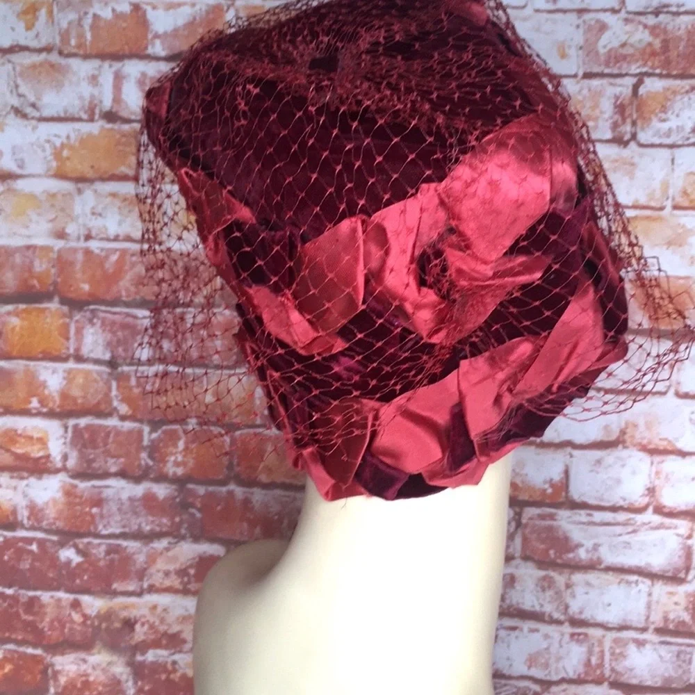 Vintage MCM Burgundy Red Satin and Velvet Veiled Bucket Hat